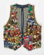 An ornate denim vest decorated with variously sized and designed colorful buttons. The vest features a low-cut denim neckline and a vertical white slit on the back.