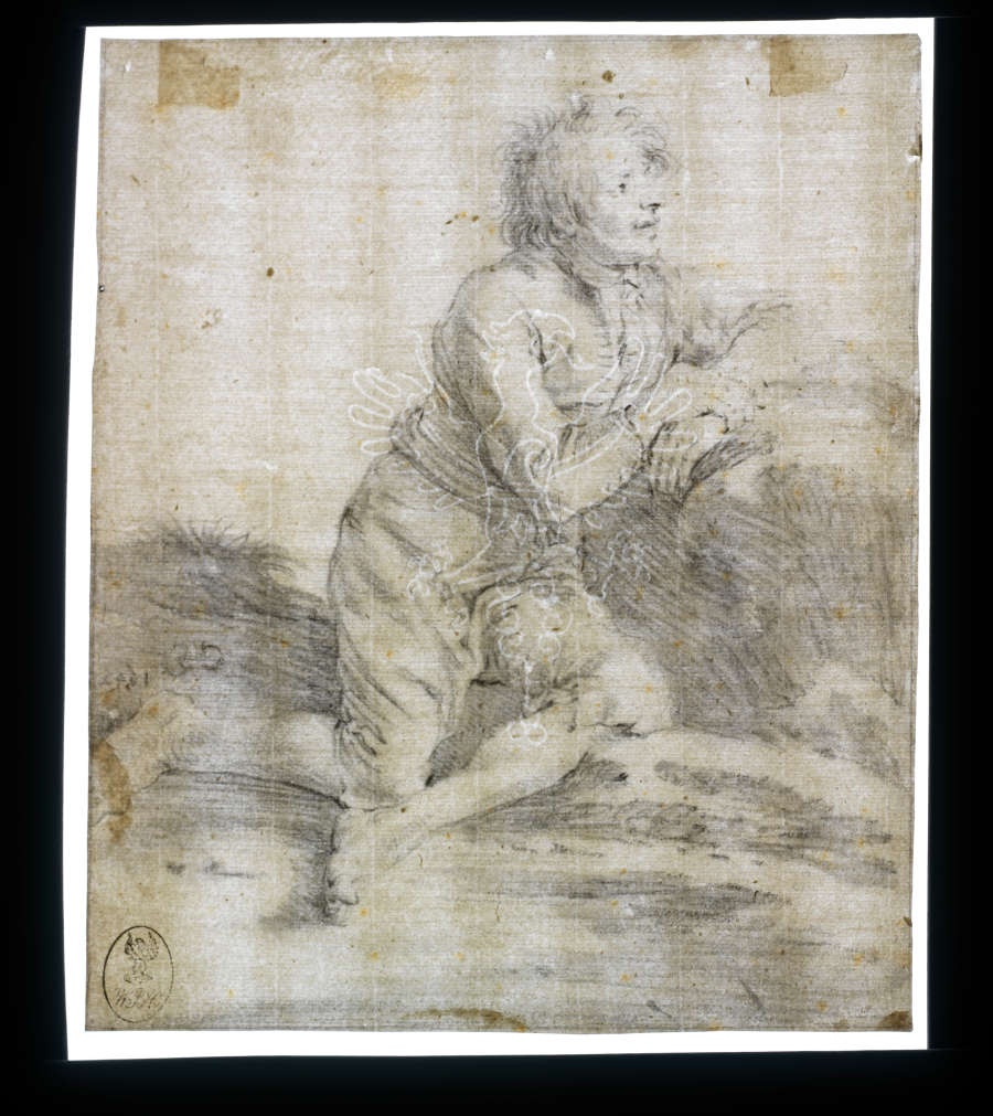 A black chalk drawing of a peasant man in full profile seated on the ground, leaning against a rock. With his arms folded, he gazes off to the left.