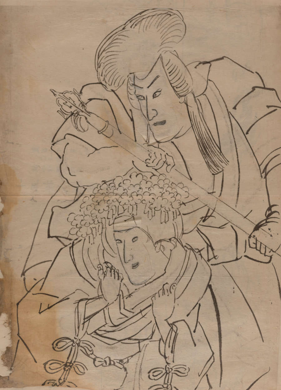 Ink drawing of an encounter between two figures in traditional Japanese robes. One features a threatening expression while holding a weapon above the other’s head, the other is crouched ahead.
