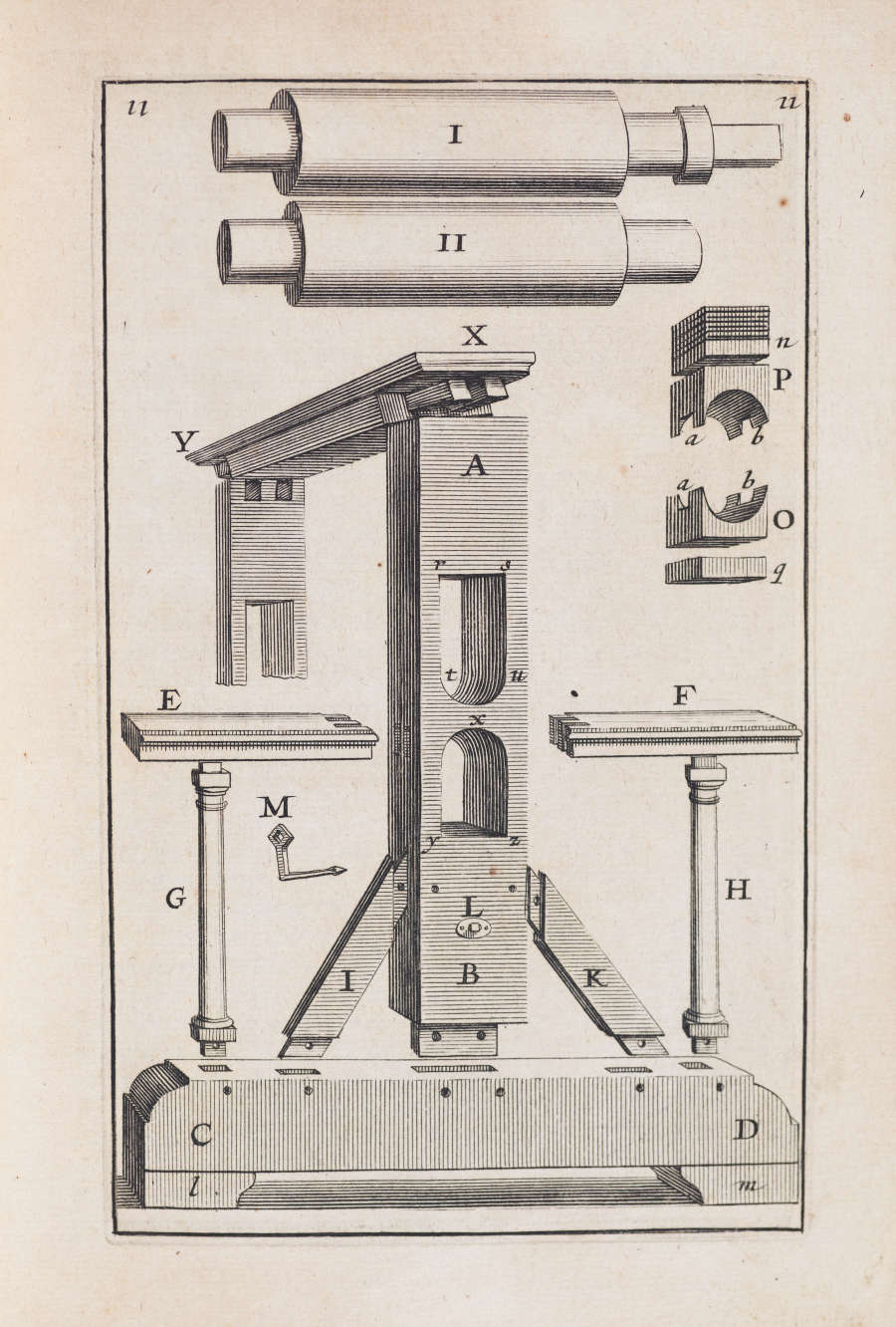 Illustrated diagram showing a labeled technical diagram of a disassembled mechanical printing press, its structural components separated and annotated with letters.