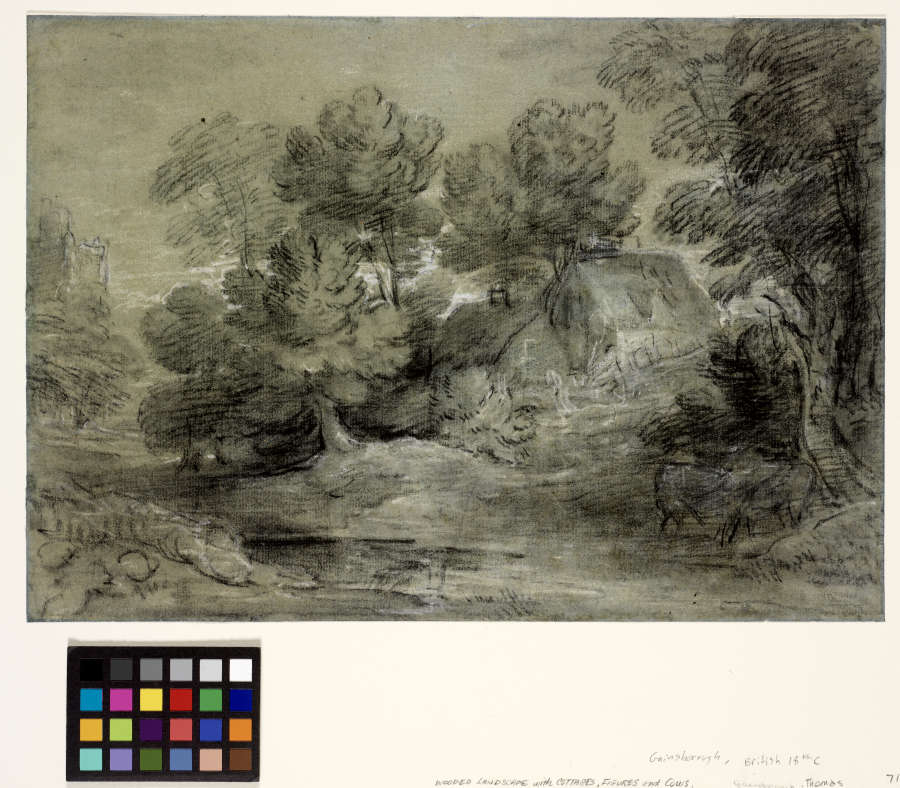 A loosely rendered black and white chalk sketch of a landscape. In it is a cottage surrounded by trees. Figures and cows hide are barely visible within the landscape.