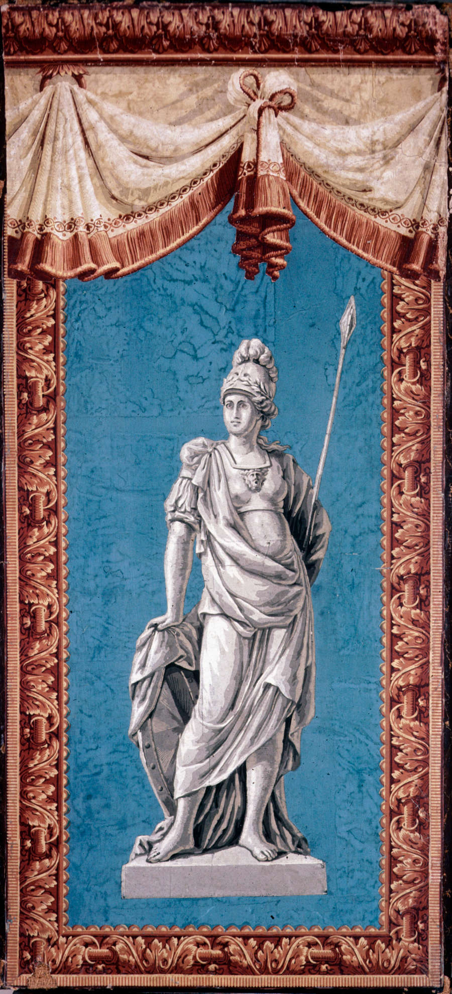 Tall, elegant depiction of an ancient warrior statue draped in robes standing proudly with a spear, framed within a decorative terracotta border against a sky-blue background.