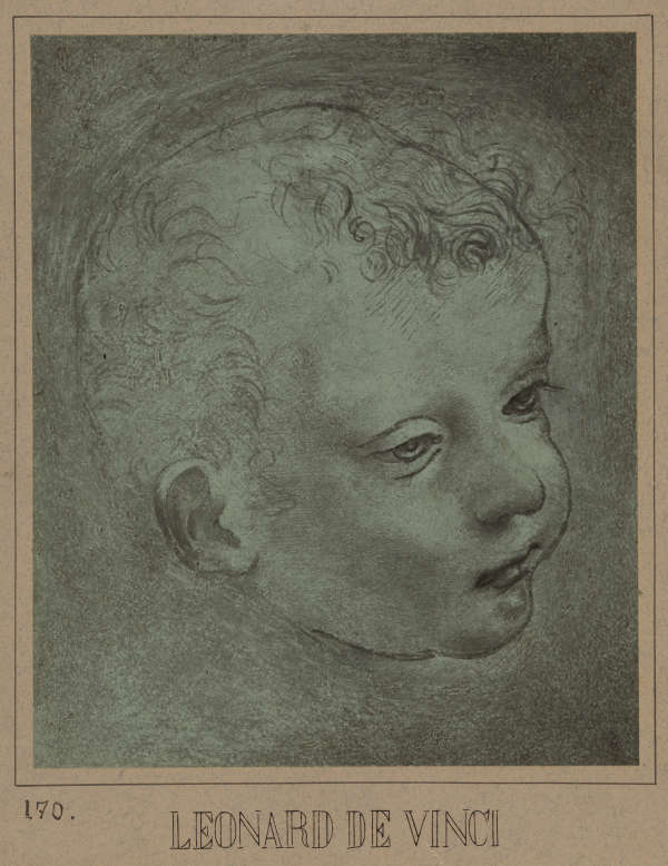 A drawing of a young child with soft curls on a greenish gray surface with a beige border.