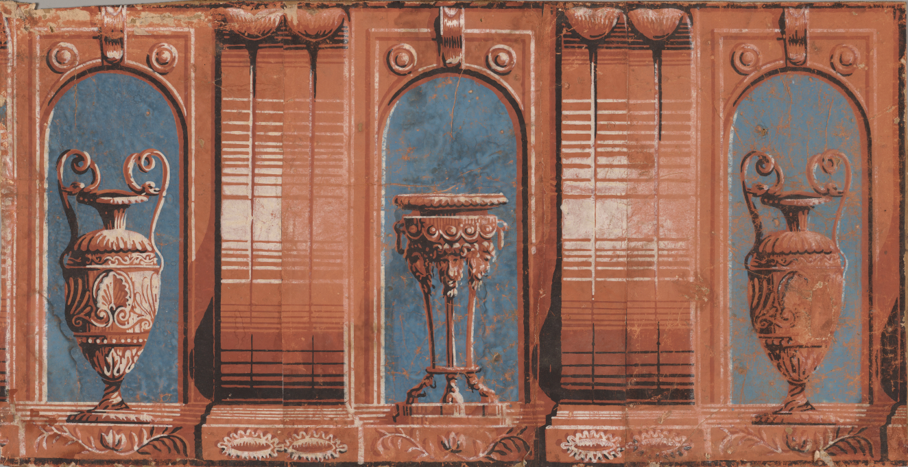 Painting of one three-legged vase between two round vases which are placed in the archways of an architectural backdrop. The vases and archways are bronze with white patterning against a blue background placed in the archways of an architectural backdrop.