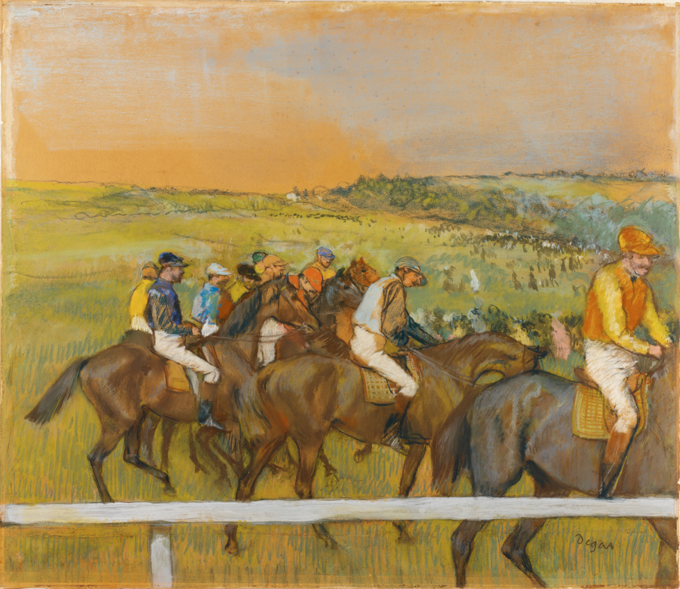 Jockeys in colorful clothes riding horses across a hazy landscape, framed by a white fence and a golden sky in the background