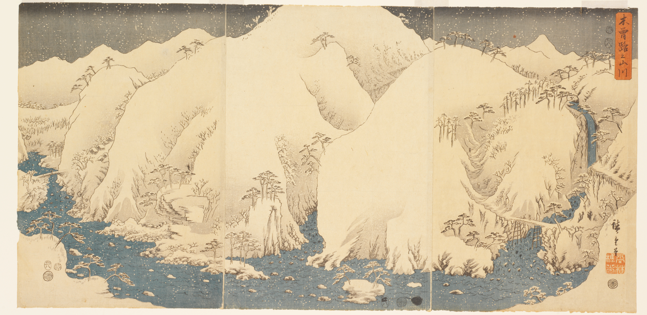 A snowy landscape featuring a central snowy mass covered in bare trees and a winding blue river under a quiet, overcast sky.