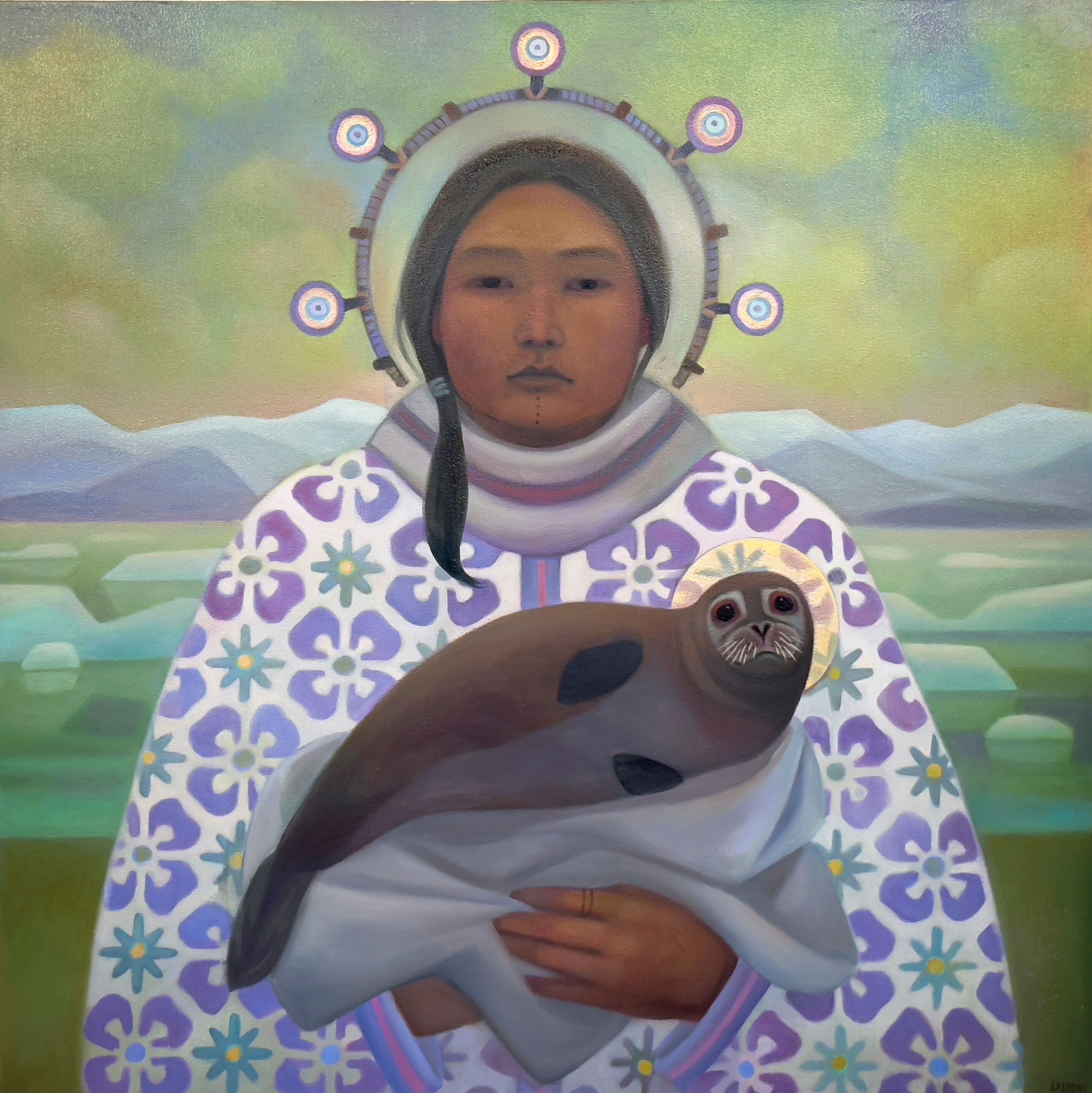 Painting of a woman in a patterned robe holding a seal, with a circular halo behind her head and icy mountains in the background.