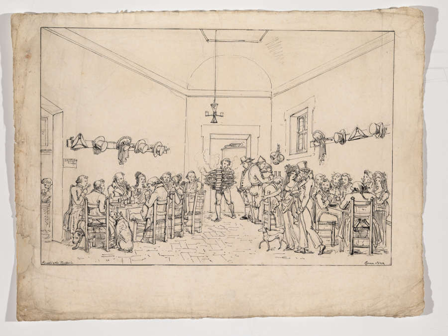 A pen and ink drawing inside an Italian restaurant. Two long tables filled with patrons recede towards the back door through which a waiter arrives with a heavy tray.