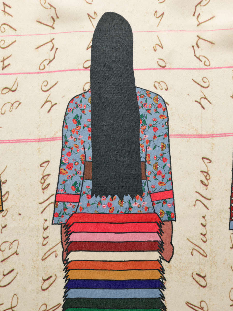 Scarf detail, showing the back of a figure with long black hair in a dress with a blue floral top and rainbow-like skirt. The background features pink lines and writing.