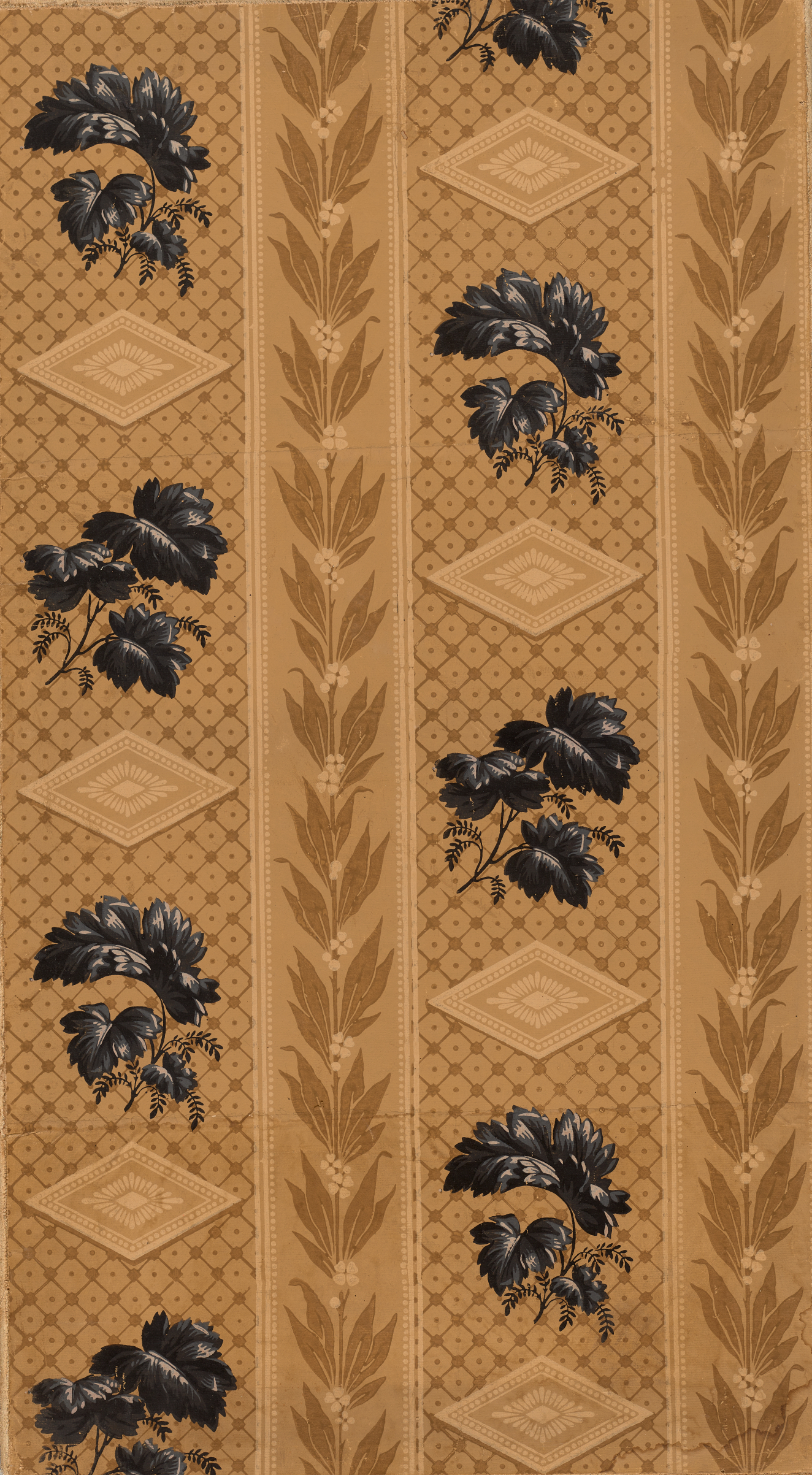 Vertical pattern with alternating columns of blue floral clusters between diamond accents and wheat sheaves on a patterned beige ground.