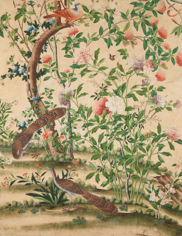 Segment of wallpaper depicting an elegant nature scene of pheasants amid lush flora with vibrant blooming pink, white, and blue flowers on a pale background. 