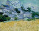 A textured landscape with an expressive, gold wheat field in the foreground, and a quaint blue town set against curling clouds. 