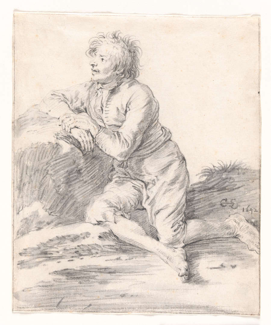 A black chalk drawing of a peasant man in full profile seated on the ground, leaning against a rock. With his arms folded, he gazes off to the left.