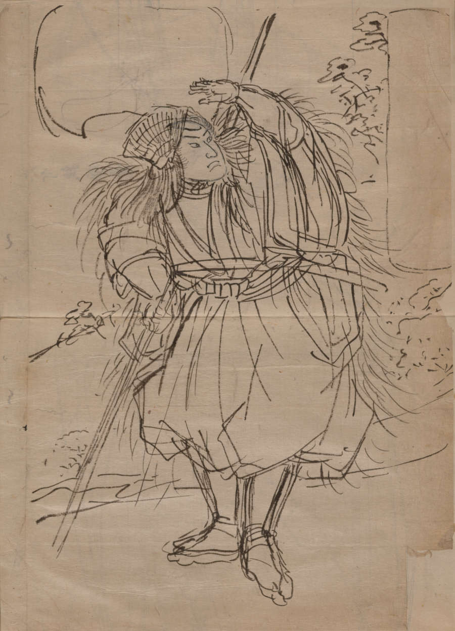 An ink sketch of a samurai warrior dressed in flowing, traditional, combat attire and headgear. The figure is in a striking pose, against a natural background.
