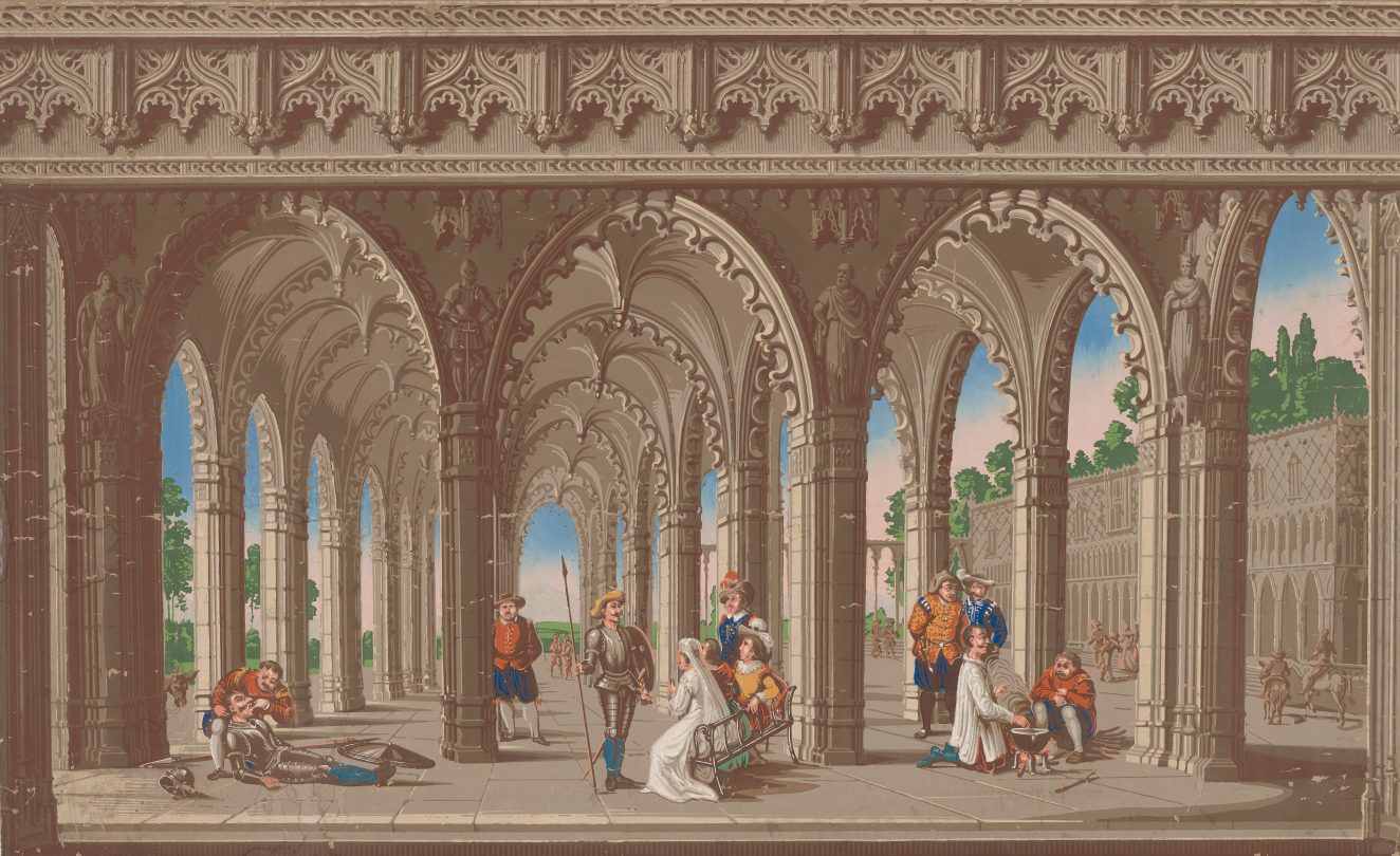 Print of multiple tall, outdoor archways, with engraved geometric patterning and sculpted statues, extending out into a sunset horizon. Various groups, all accompanied by a guard, stand within the archways.