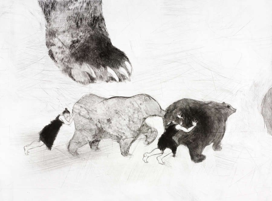 Grayscale print of two figures in black dresses pushing two bears, one with light fur and one with dark fur, from behind. Above them is an enlarged bear paw. 