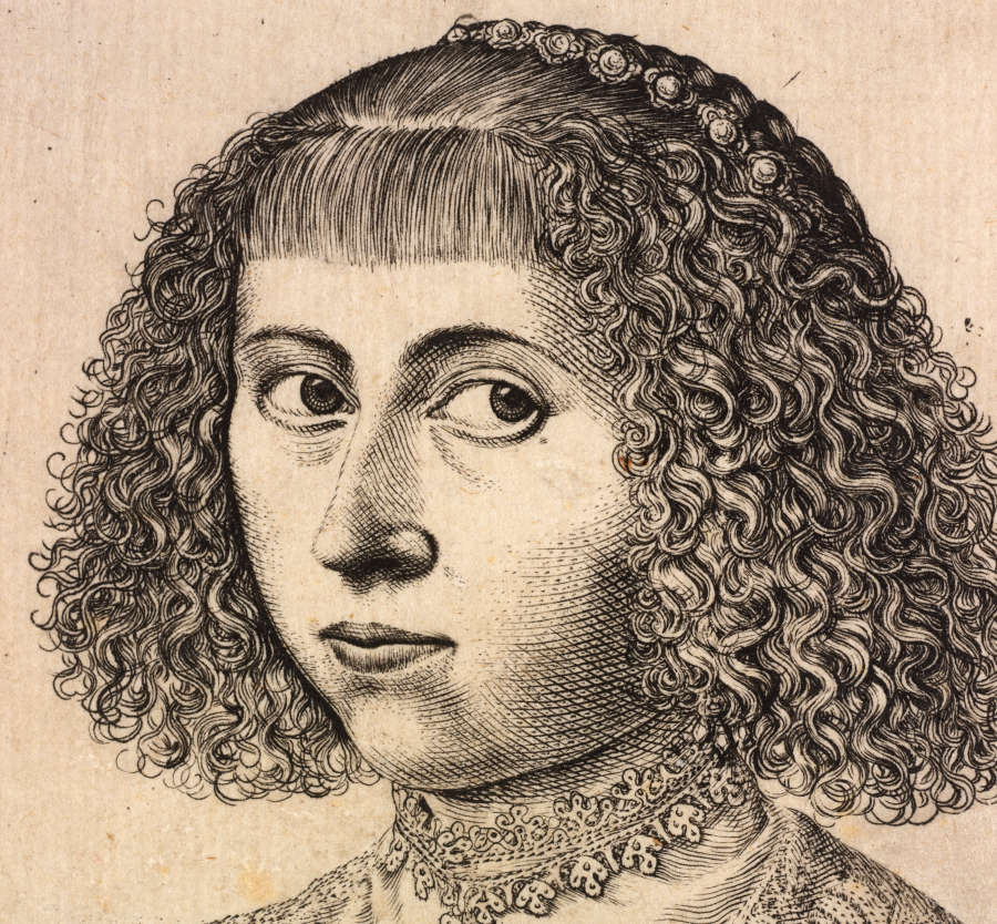 A close-up of an illustration of a youthful face framed by dense curls, wearing a lace collar, and a narrow decorative band woven through the hair.