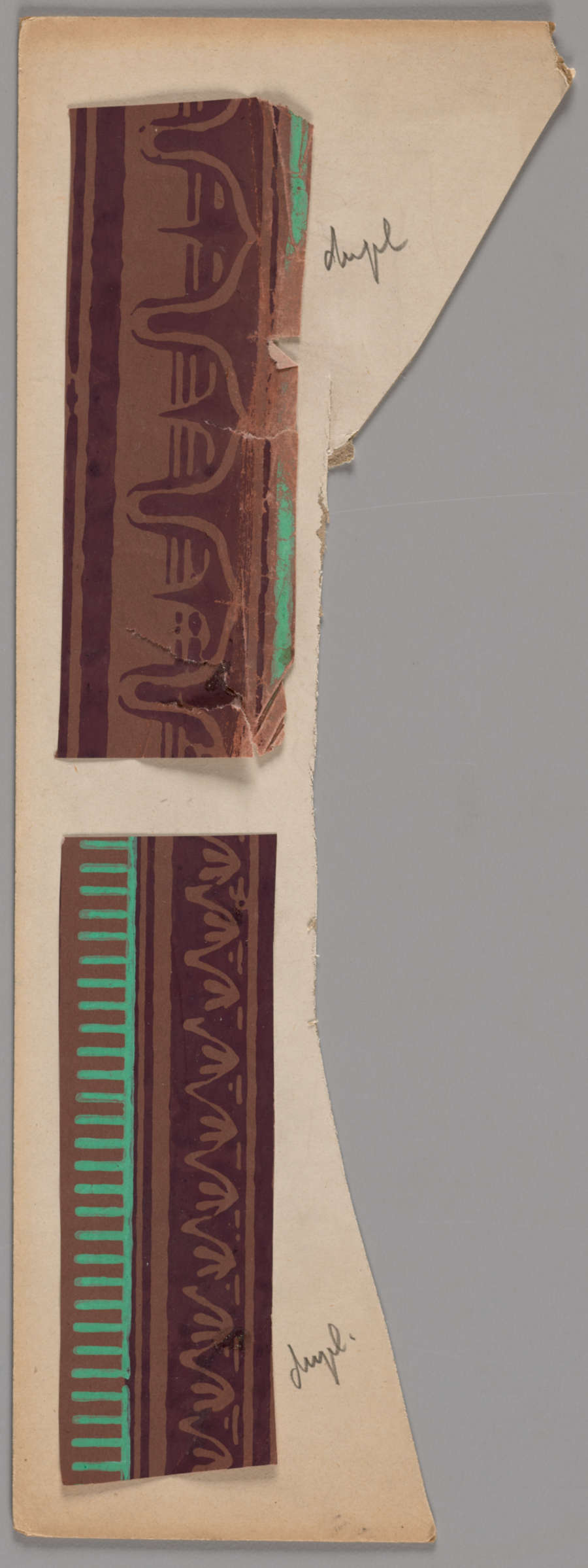 Paper cutout with two vertical brown decorative pattern strips. The top features curved arch patterns alternating with spikes, while the bottom has repeating zigzags next to green horizontal stripes.