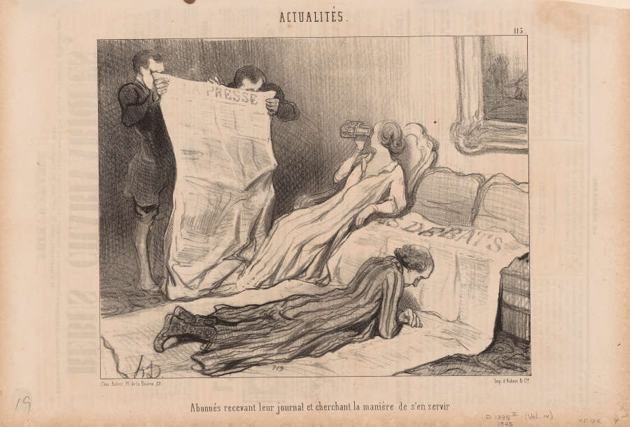 Black and white illustration depicting two men showing a large newspaper to a central woman lounging on a couch. Another man lays on another large newspaper draped over the couch.