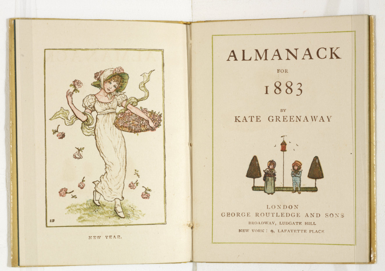 A book spread with an illustration on the left page of a flower girl with “New Year” printed beneath. On the right, a title page: “Almanack for 1883 by Kate Greenaway, London George Routledge and Sons” with a small idyllic illustration of two figures. 