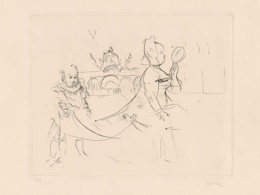 In a lightly-rendered etching on beige paper, a Venetian lady regards herself in a mirror while a little person in a stately suit holds her dress behind her.