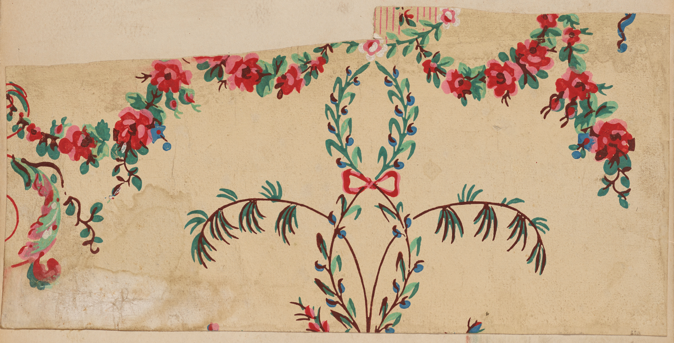Tan, aged wallpaper with a ripped upper left corner, and a winding, red floral garland above interlocking thin brown branches with small leaves, blueberries, and red ribbon in the center.