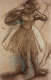 Brown pastel drawn with expressive lines and soft shading depicting a woman wearing a knee length tutu in a dance pose lit from behind, casting a shadow to the left.