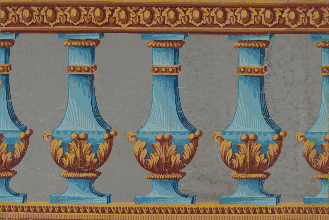 Print of repeating blue vases with a floral, geometric border above and thin lined border below. Yellow dotted embellishments are along its neck and raised leaf motifs around its base.