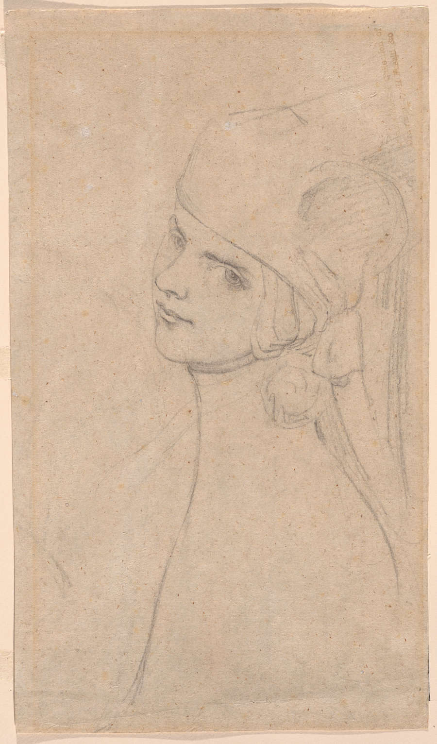 A black chalk line drawing of a woman in profile. With her head slightly tilted towards the viewer, she stares skeptically at us and wears an elaborate hat.