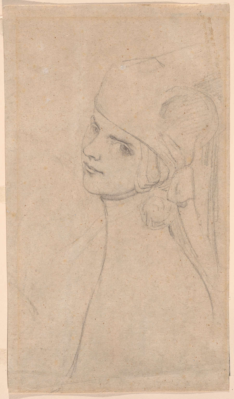 A black chalk line drawing of a woman in profile. With her head slightly tilted towards the viewer, she stares skeptically at us and wears an elaborate hat.