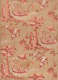 Segment of vintage wallpaper featuring a pattern of tropical scenes with palm trees, people in boats, and flora. The repeat is depicted in a monochrome coral palette with brown accents.