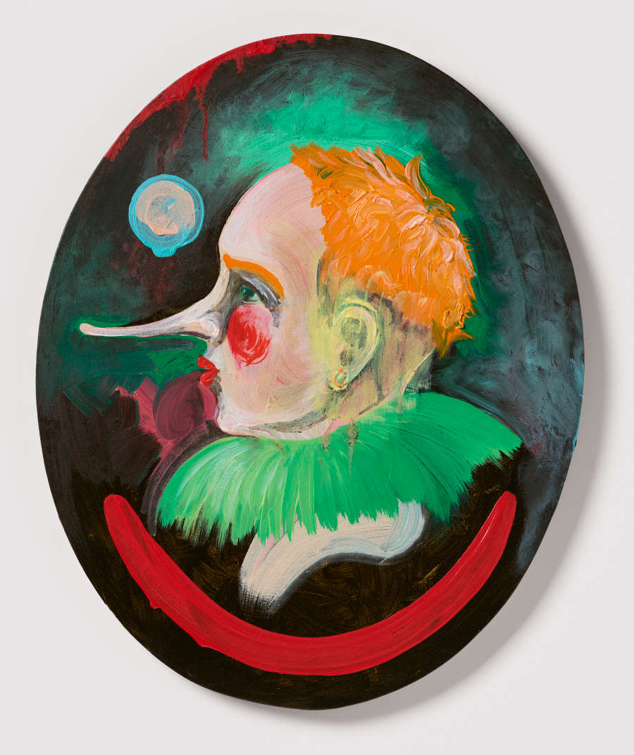 Oval-shaped painting of the side profile of a figure’s head against a green-black background. The figure has orange hair, blushed cheeks, a long nose, and is wearing a green collar.