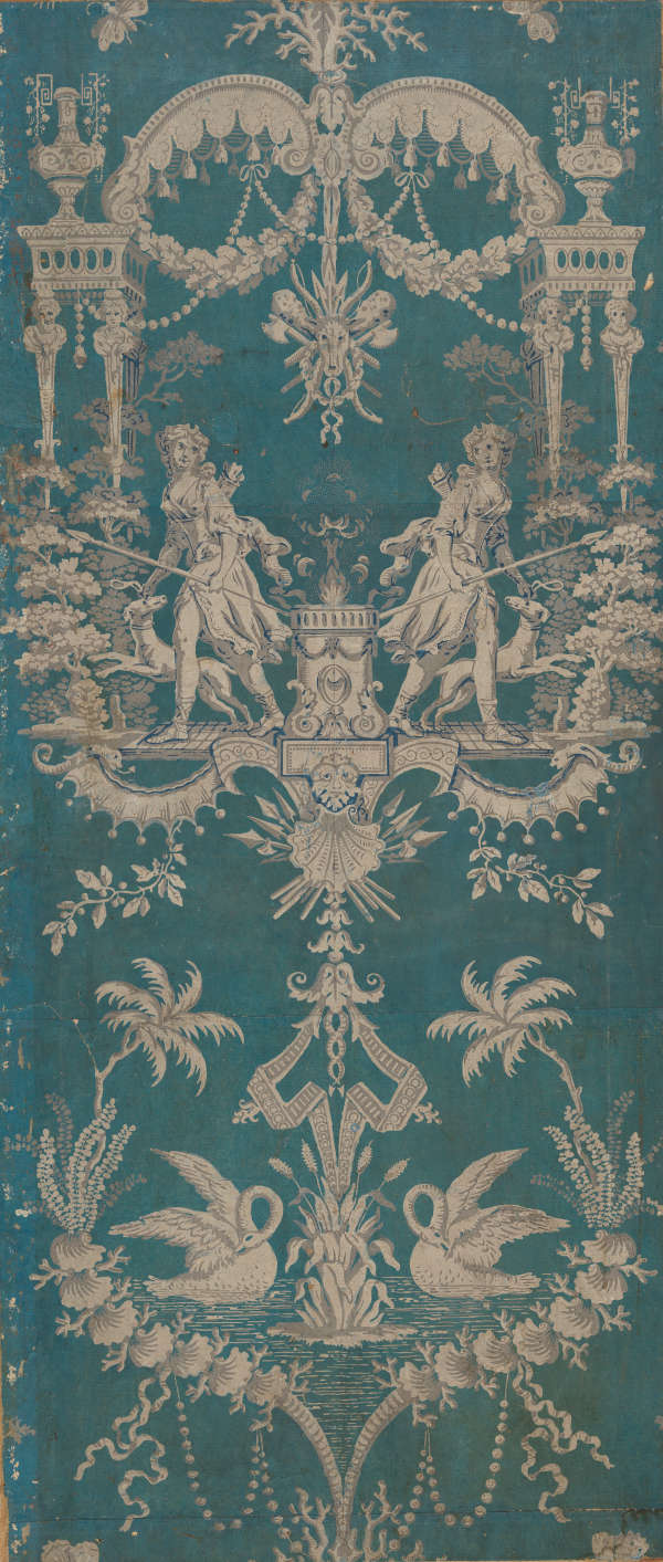 Tall and narrow panel of vintage wallpaper depicting mirror-imaged mythological scenes. They feature intricate foliage, architectural elements and ornamental motifs in white on a faded teal background.