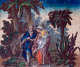 Scene portraying two haloed figures and a glowing baby in a palm grove, with a dramatic sunset sky and tropical flora around.