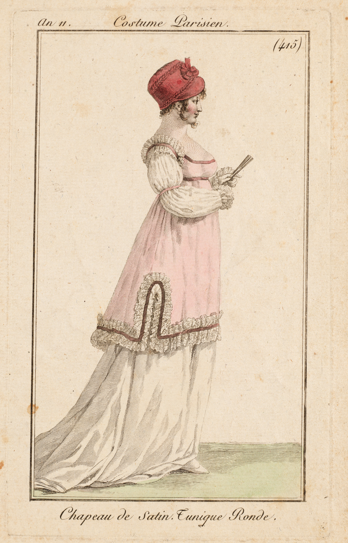 Aged illustration of a figure in a pink and white dress and red turban, holding a closed fan, with French captions.