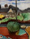 A large green pumpkin sits beside a bowl on an orange table before a window showing a house amid trees beneath a cloudy blue sky, painted with bold, loose brushstrokes. 