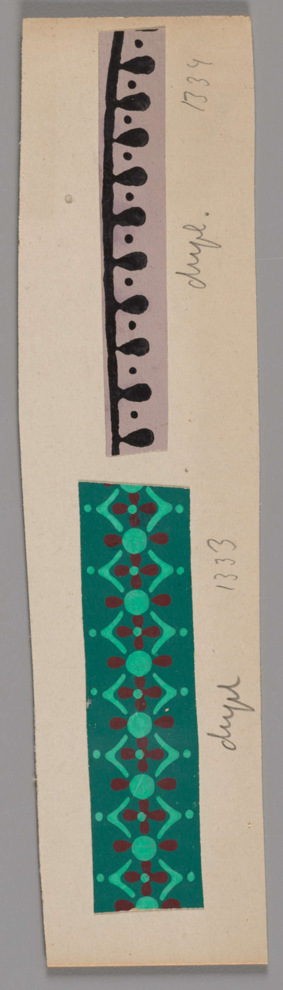 Vertical strip with two decorative designs. Above is a black and white pattern of alternating teardrops and dots. Below is a geometric teal and red pattern of rhythmic interlocking shapes.