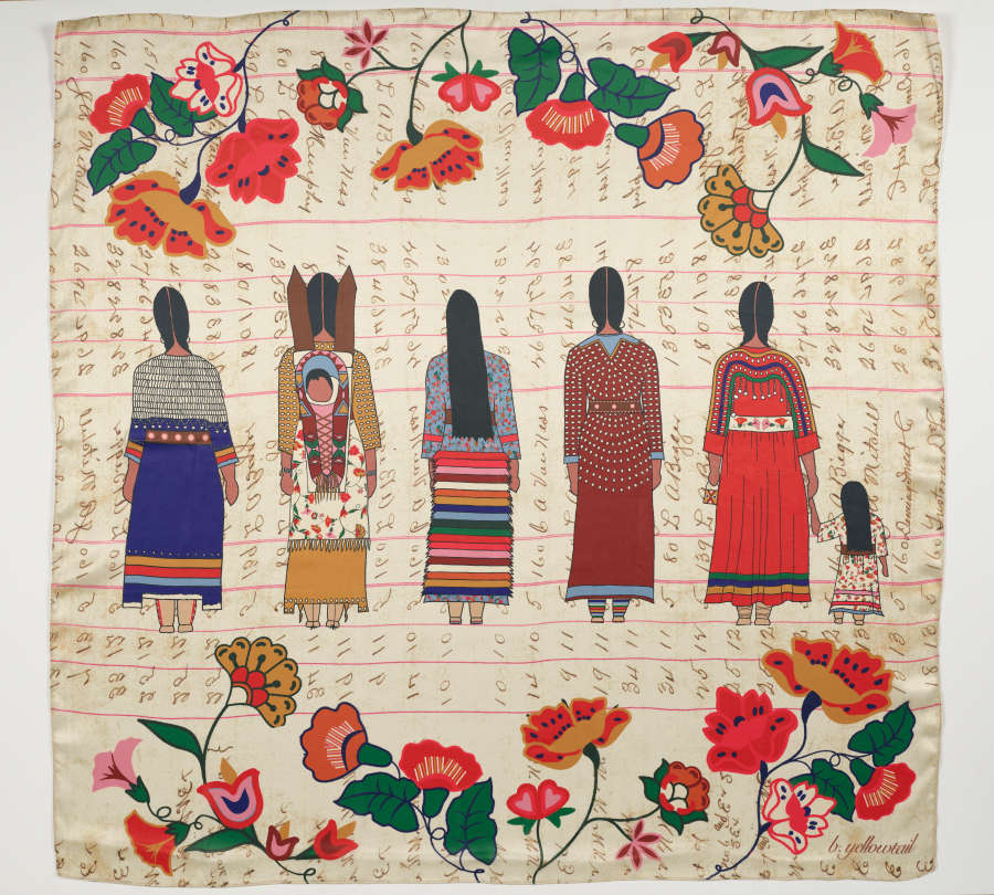 Silk square scarf with a row of six colorfully dressed figures facing away from the viewer and being framed by flowers. The cream background features horizontal lines and scripture patterning.