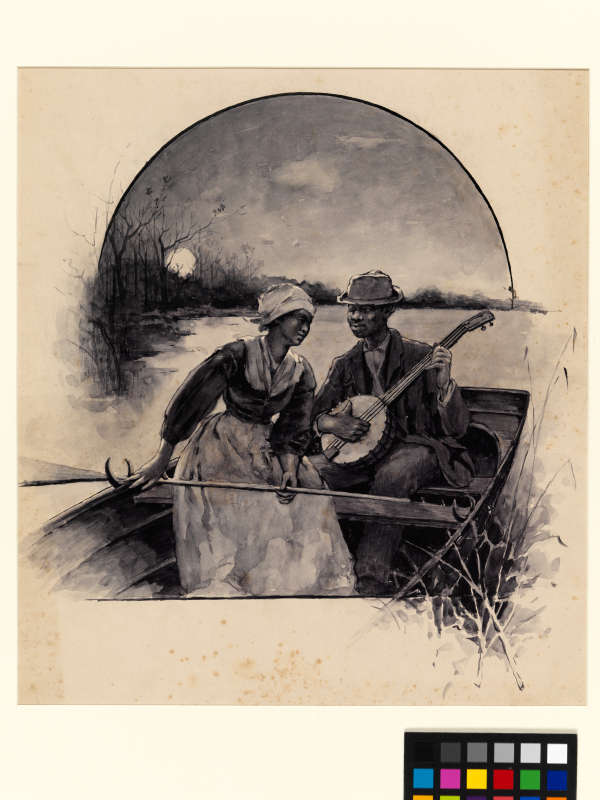 A drawing of a couple in a boat with the figure to the right playing a banjo as the left figure rows. Set against a moonlit background.