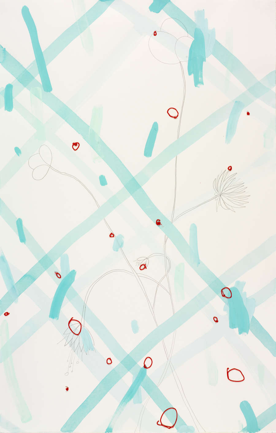 Painted turquoise lines criss-cross a white paper, which features a graphite drawing of stems with flowers. Several red-outlined circles of various sizes are spread across the page.
