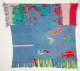A collage constructed from four rectangular pieces of cloth featuring bright patterned silhouettes of fishes and a blue recumbent man against a patterned block. Two sides are frilled.