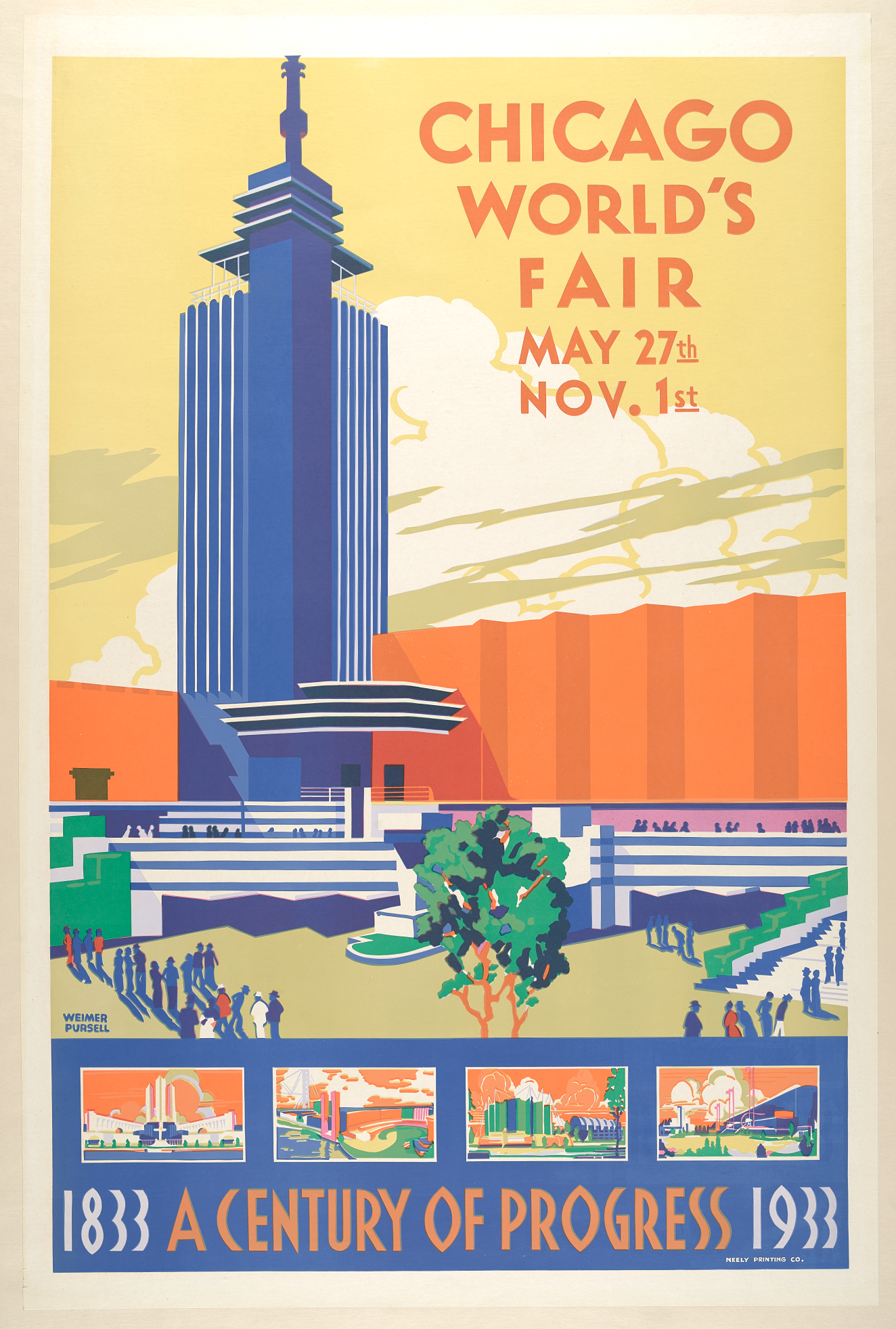 An illustration of a blue futuristic tower, folding orange structures, and yellow sky, displaying the words: “Chicago World’s Fair May 27th Nov. 1st” and “1833 A Century of Progress 1933.”
