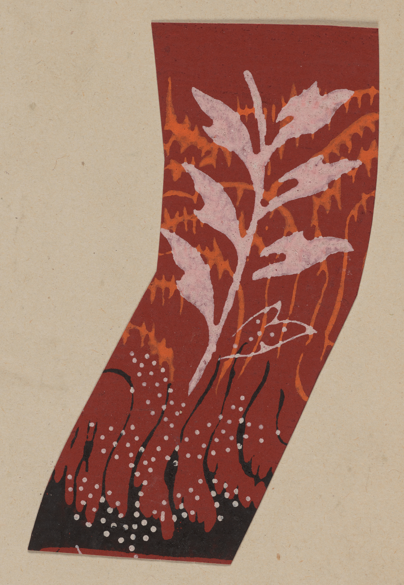 Design which in the center shows white leaves with dotted details. On a red background which has swirling black details at the base and thin orange lines towards the top.
