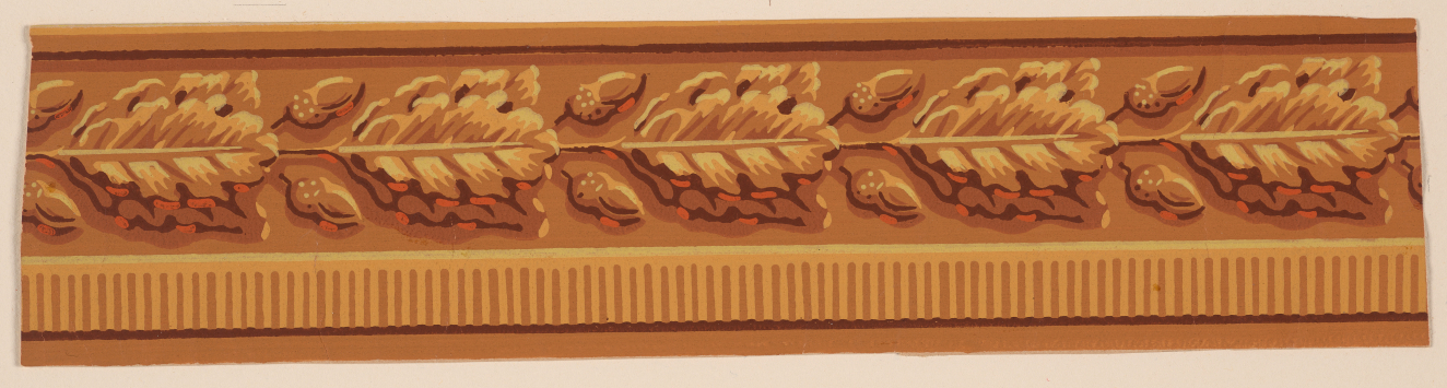 A dark yellow and brown border with a wide section of horizontal leaf motifs and a narrower base of thin vertical stripes.