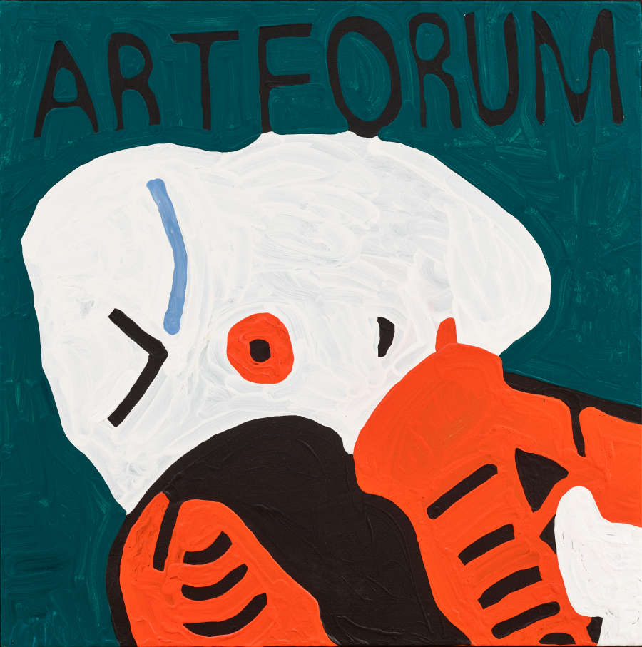 An abstract painting with textured strokes and crisp edges. “ARTFORUM” is written in black on a teal background above a large white mass with overlapping orange, blue, and black shapes.