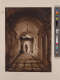 An ink and wash drawing of a hooded monk exiting a long dark corridor. The hall is pierced by a stream of light let in through the open door.