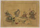 A lightly colored woodblock print of seven figures sitting in a circle. They are being entertained by a dancing crane and a turtle.