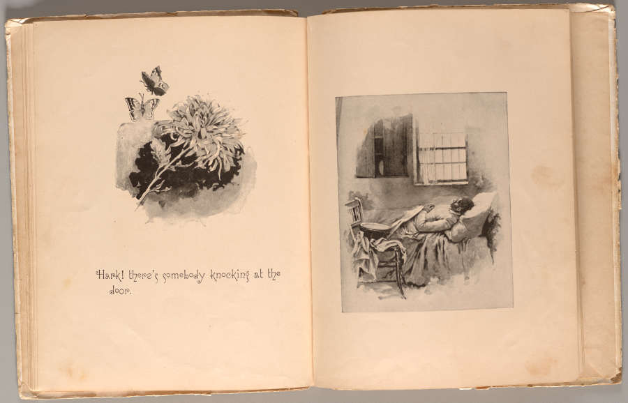 An aged open book with a floral illustration with butterflies above a poetic line on the left and a sleeping figure under a window to the right.