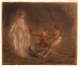 A pastel and chalk drawing of Saint Hilarion seated and covering his eyes as a glowing, nude light-skinned woman disrobes before him and two other women pull at his arms.