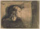 Lithograph depicting the delicate profile of a young woman, the artist's sick sister, with thin wavy hair looking to the right towards darkness with soft lighting on her face, against a textured backdrop.
